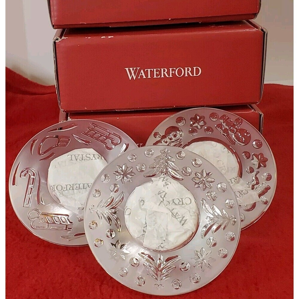 3 Waterford Crystal Christmas Snowman Trees Sled Tea Light Votive Candle Holders
